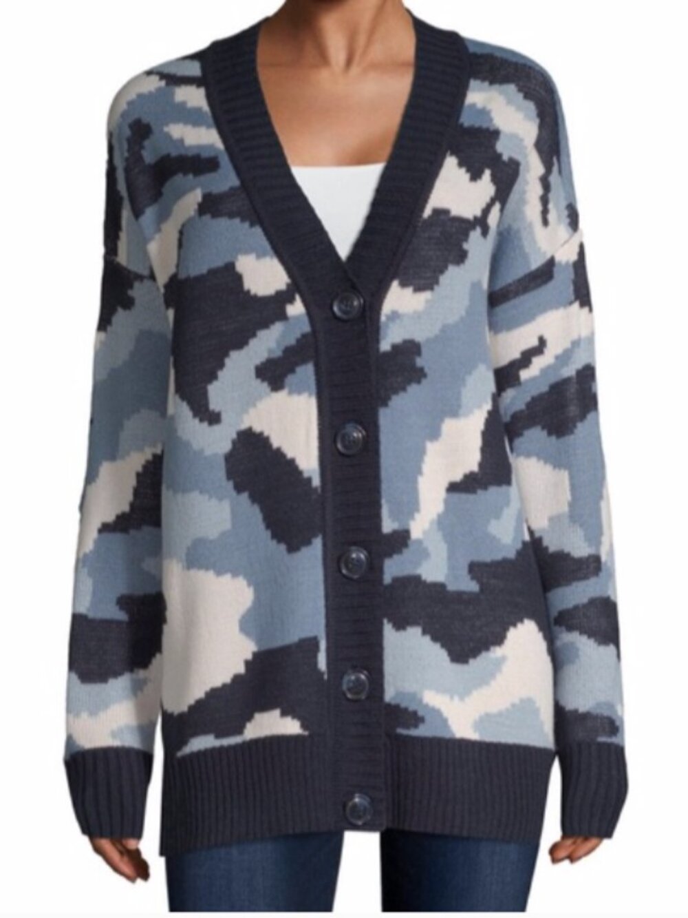 ARIZONA Jean Co. Womens Blue Camo Cardigan Sweater Button Front Long Sleeve Knit